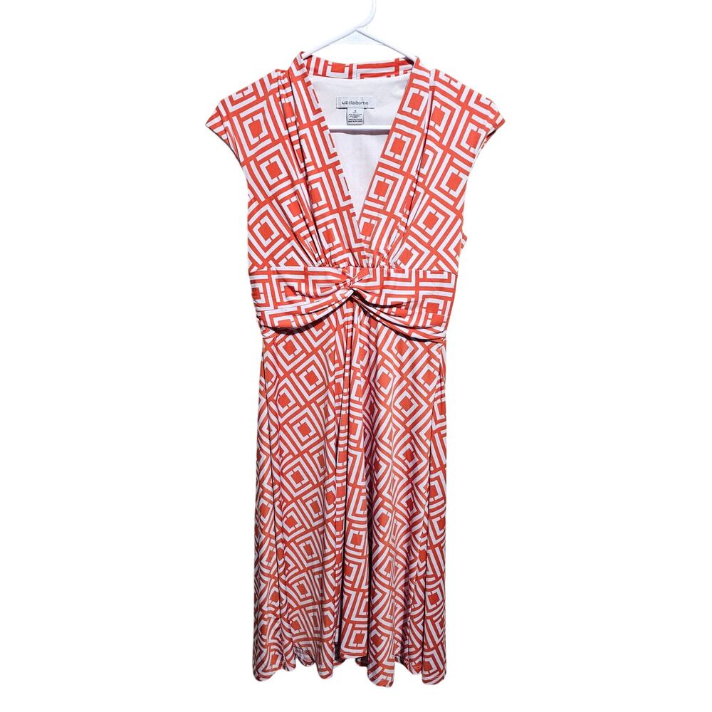 Liz Claiborne Dress Womens Size 6 Orange White Stretch V-Neck Sleeveless (820)
